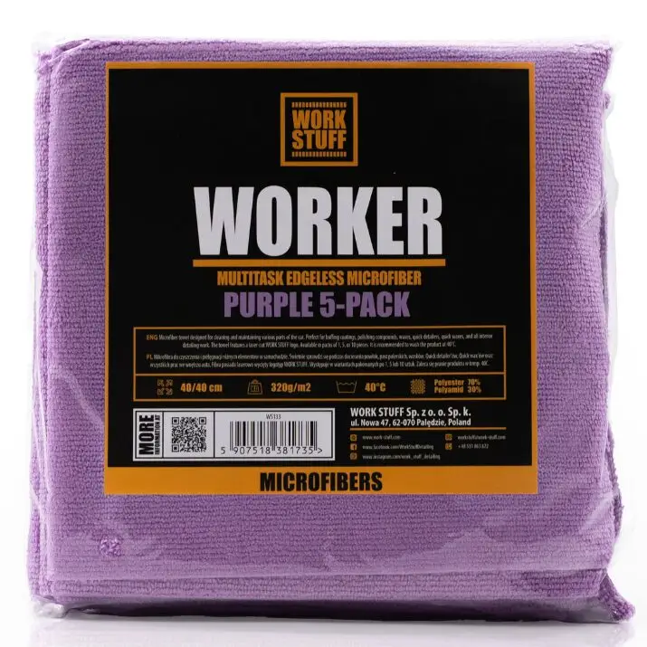 Work Stuff WORKER 5pack PURPLE 320gsm 40x40cm zestaw delikatnych mikrofibr ciętych laserowo Hit sprzedaży