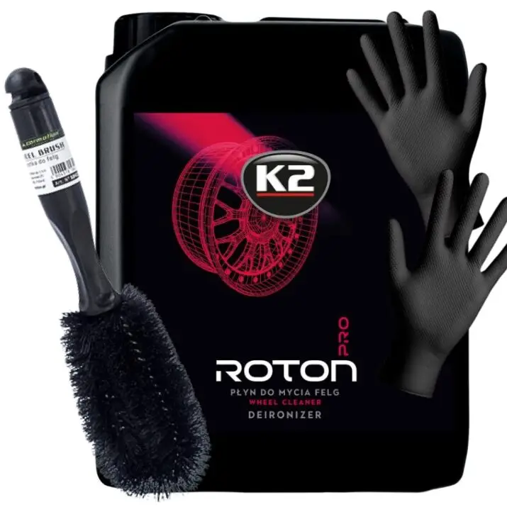 Łatwy zwrot K2 Roton PRO 5L – deironizer do felg i lakieru, skuteczny płyn do felg + szczotka i rękawiczki