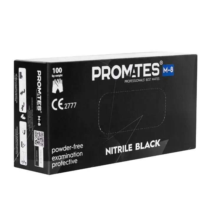 PROMATES nitrylowe BLACK M-8 100szt – opakowanie rękawiczek ochronnych nitrylowych Premium