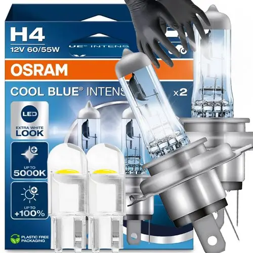 Dostępne od ręki Żarówki Osram H4 Cool Blue Intense 5000K + W5W + Rękawice - Zestaw